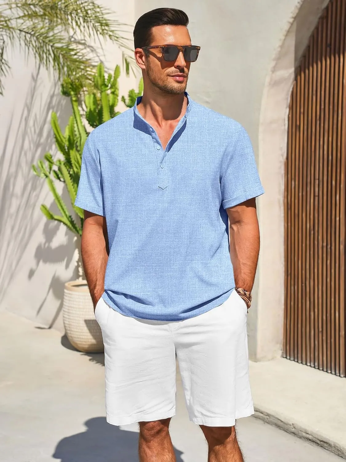 Runcati Mens Henley Shirts Short Sleeve Casual Linen Band Collar T-Shirt Summer Beach Vacation Tops