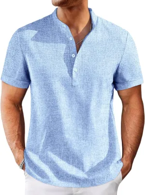 Runcati Mens Henley Shirts Short Sleeve Casual Linen Band Collar T-Shirt Summer Beach Vacation Tops