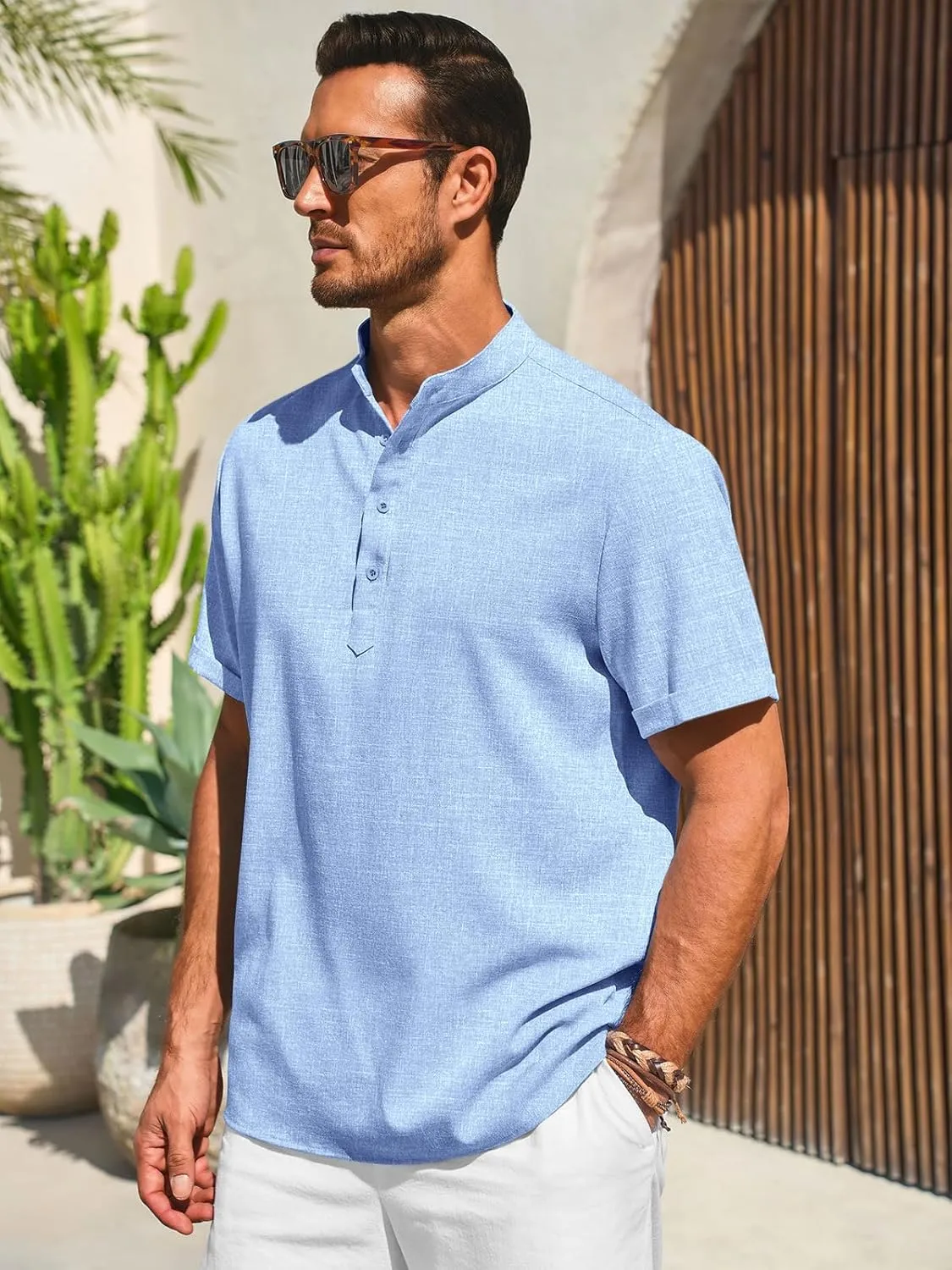 Runcati Mens Henley Shirts Short Sleeve Casual Linen Band Collar T-Shirt Summer Beach Vacation Tops
