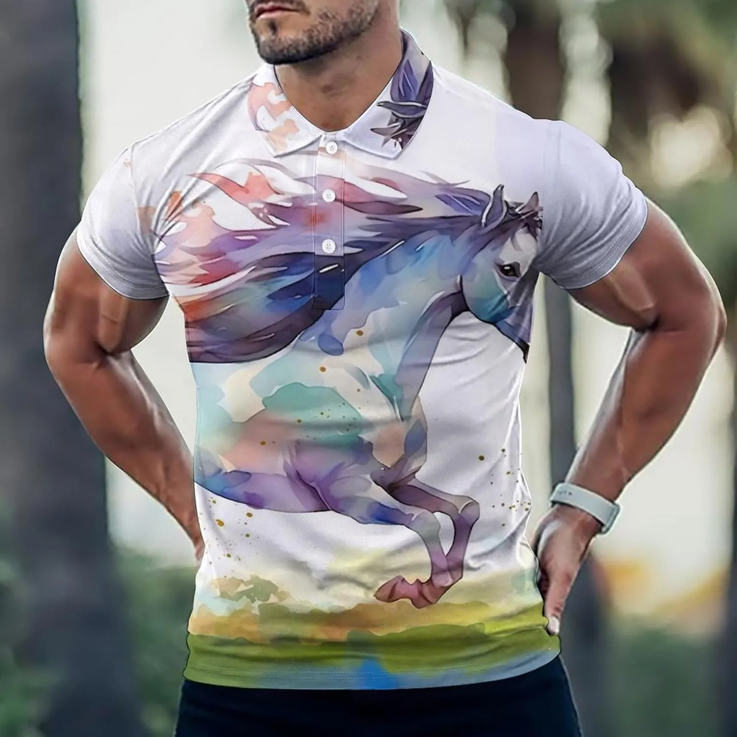 Running Horse Watercolor Mens Short Sleeve Polo Shirts Straight Sports Golf Tennis T-Shirt Quick Dry Long Top