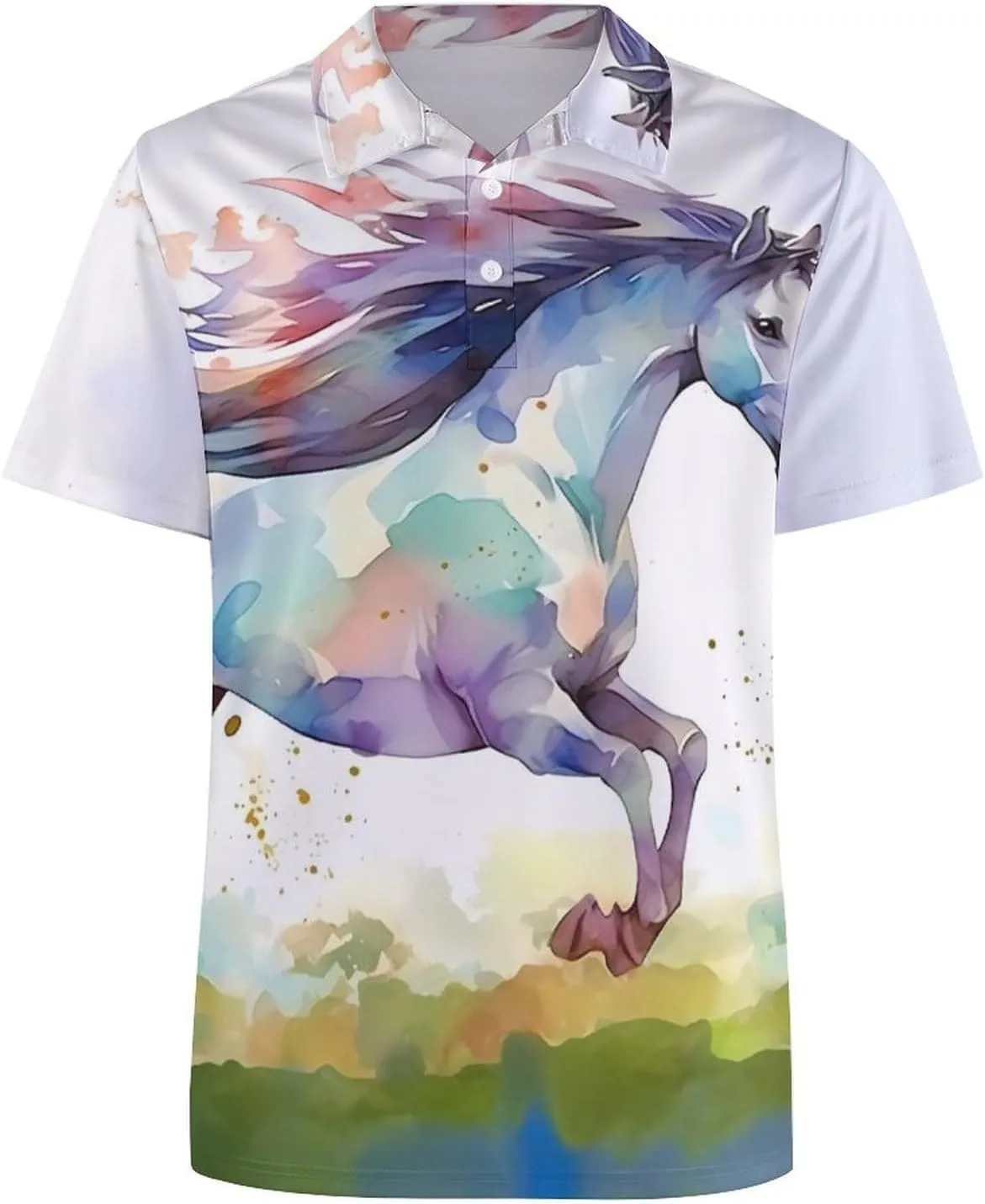 Running Horse Watercolor Mens Short Sleeve Polo Shirts Straight Sports Golf Tennis T-Shirt Quick Dry Long Top