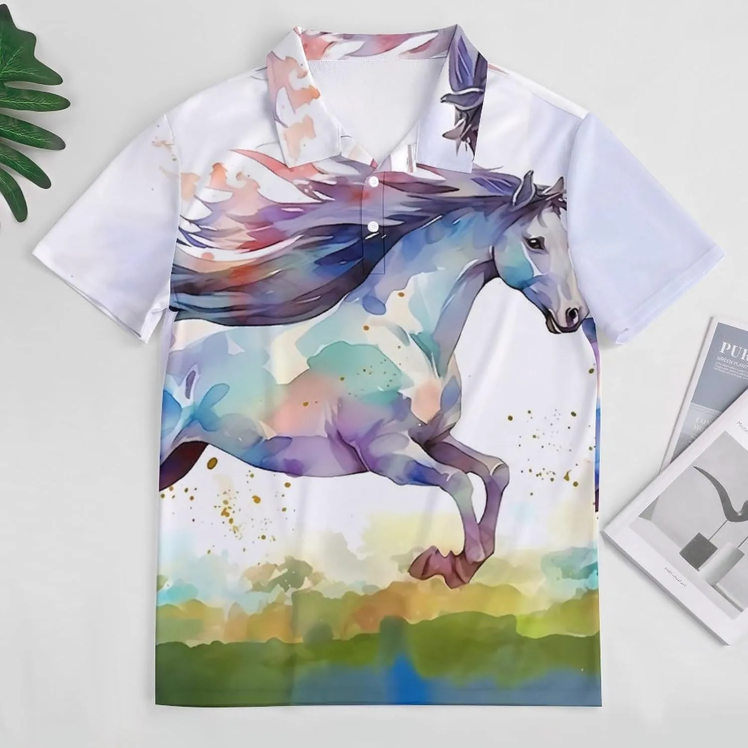 Running Horse Watercolor Mens Short Sleeve Polo Shirts Straight Sports Golf Tennis T-Shirt Quick Dry Long Top