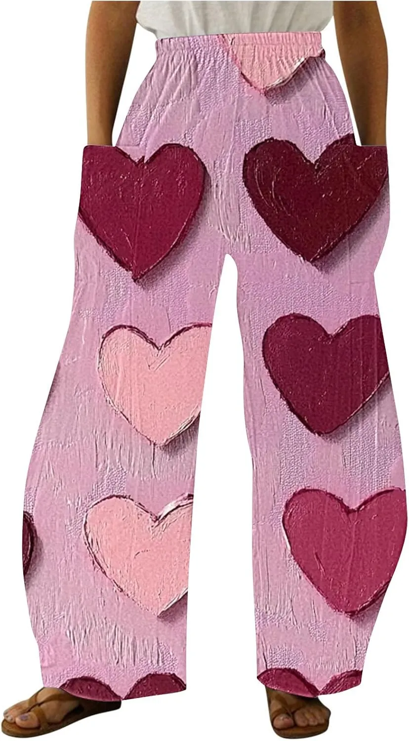 Ruziyoog Valentine Day Pants for for Women Casual High Waist Wide Leg Pants Heart Print Long Palazzo Pants Lounge Trousers
