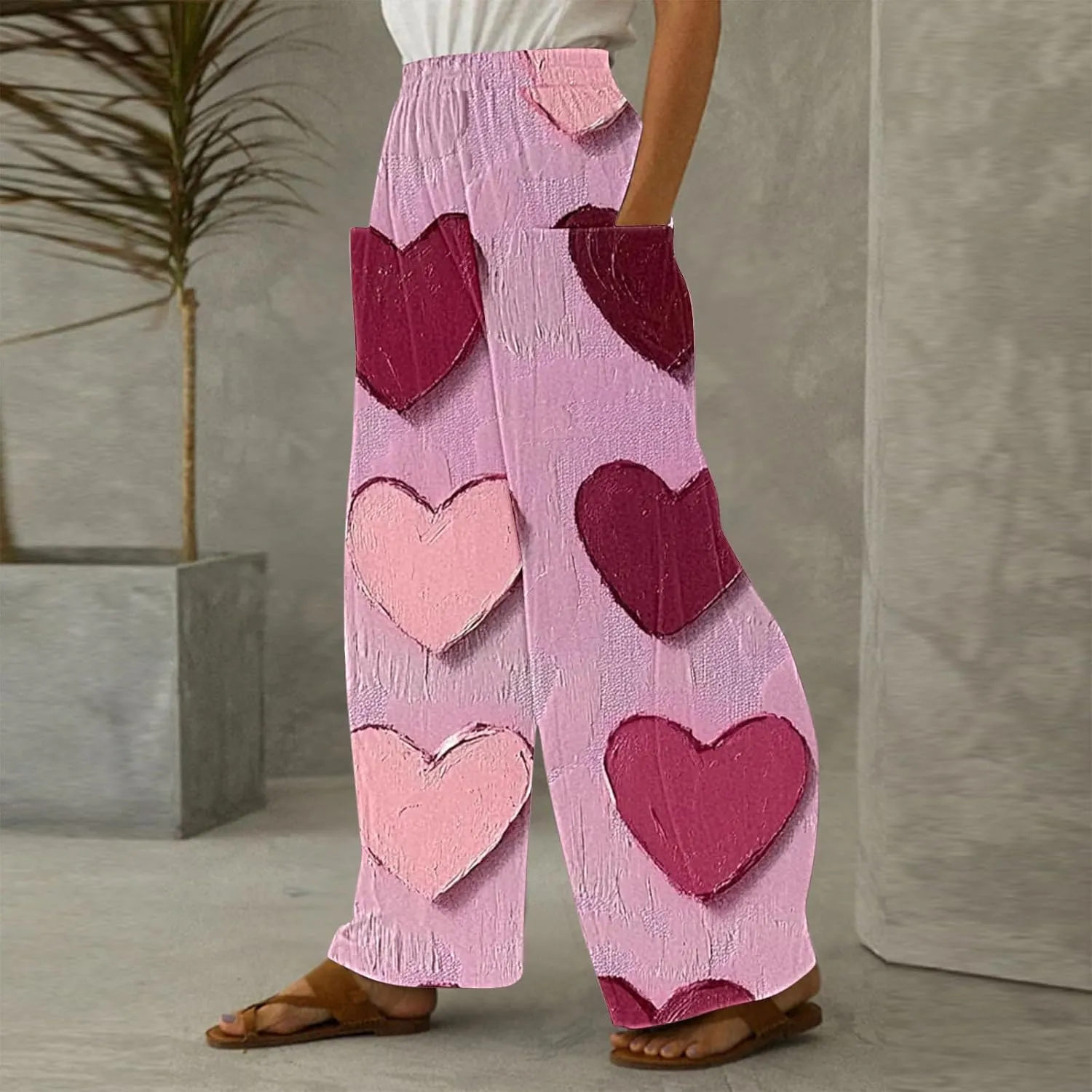 Ruziyoog Valentine Day Pants for for Women Casual High Waist Wide Leg Pants Heart Print Long Palazzo Pants Lounge Trousers