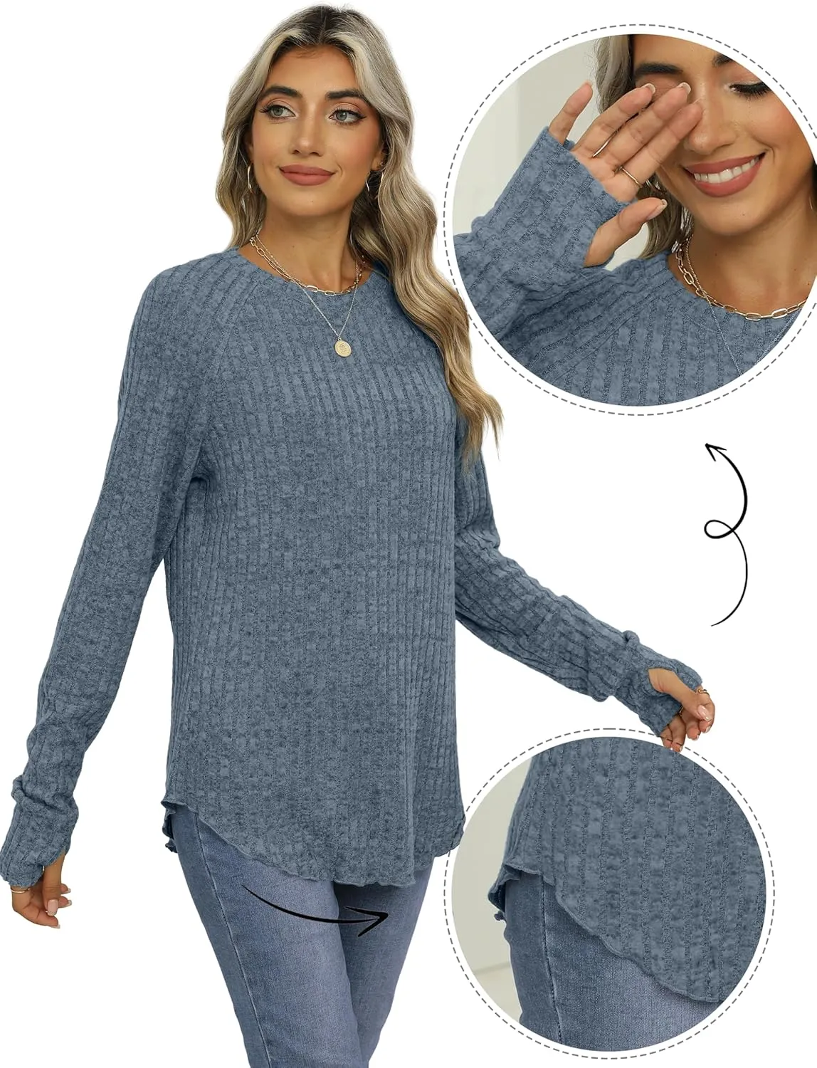 Saloogoe Women's Long Sleeve Top Crewneck Basic Lightweight Fall Shirt with Thumb Hole