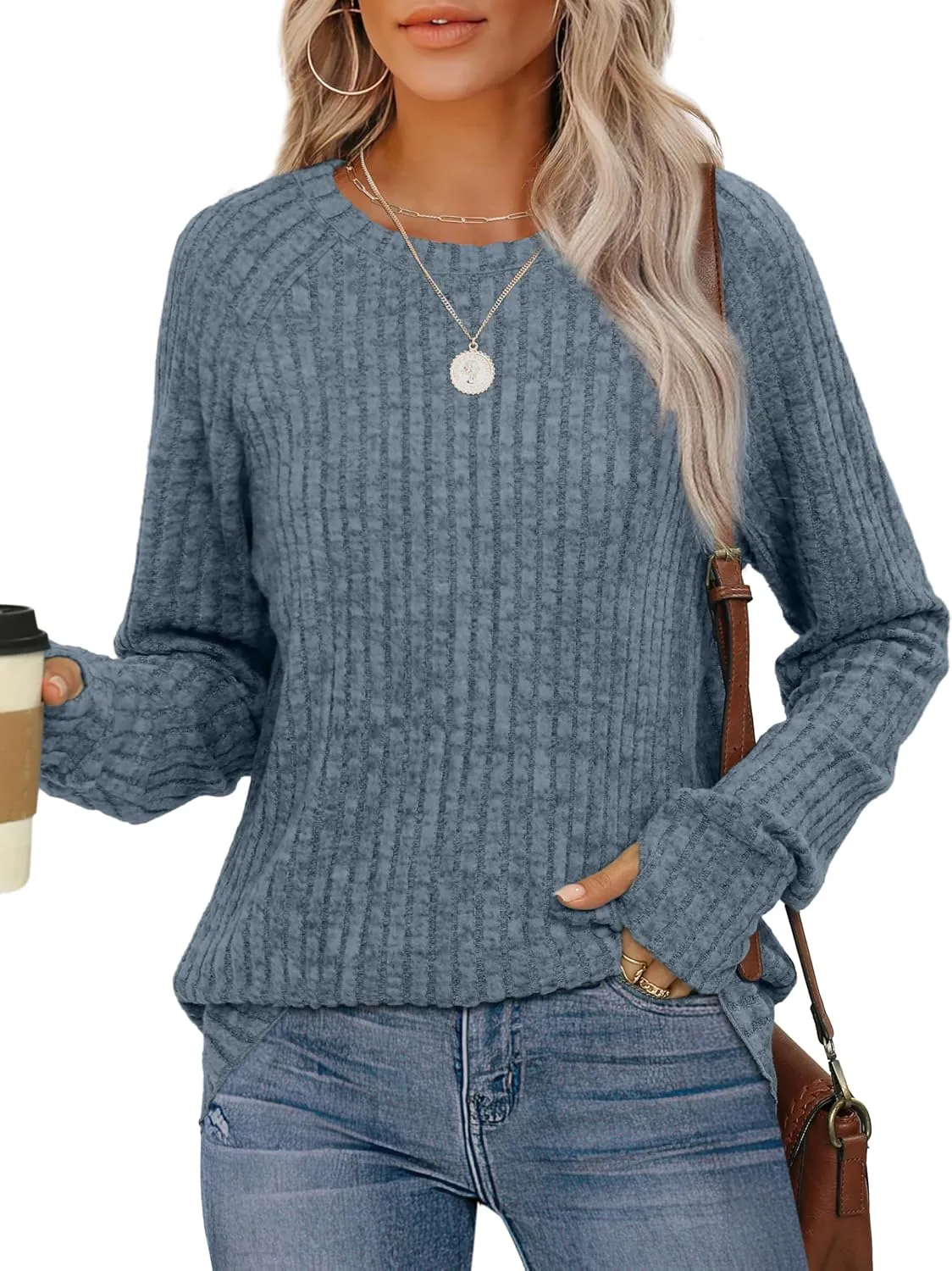 Saloogoe Women's Long Sleeve Top Crewneck Basic Lightweight Fall Shirt with Thumb Hole
