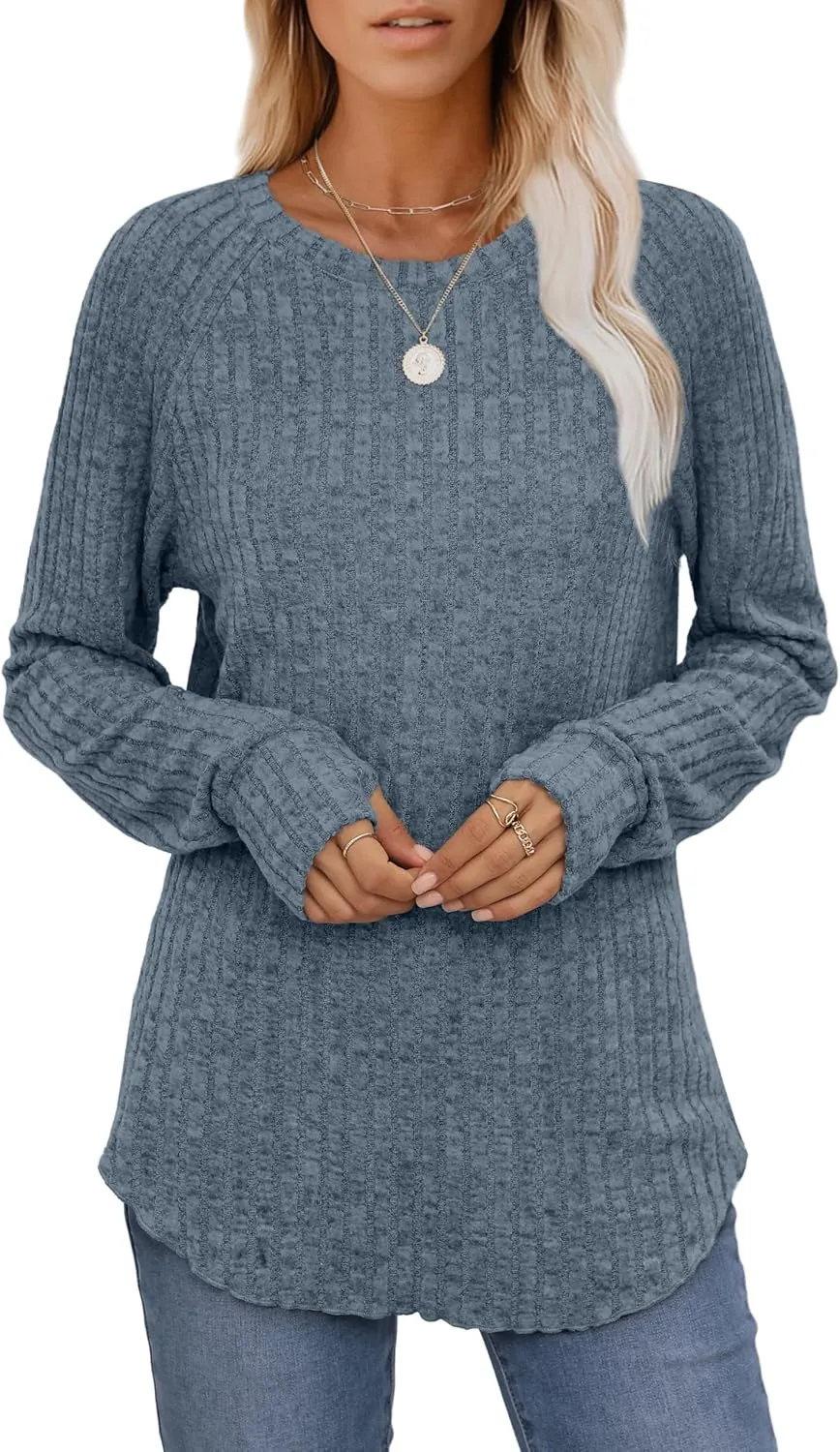 Saloogoe Women's Long Sleeve Top Crewneck Basic Lightweight Fall Shirt with Thumb Hole