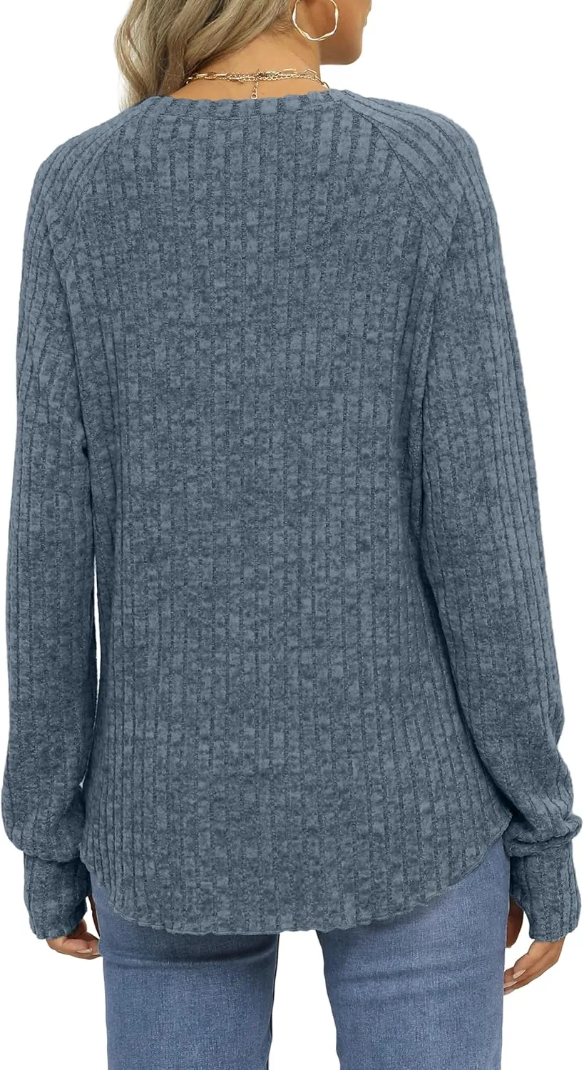 Saloogoe Women's Long Sleeve Top Crewneck Basic Lightweight Fall Shirt with Thumb Hole
