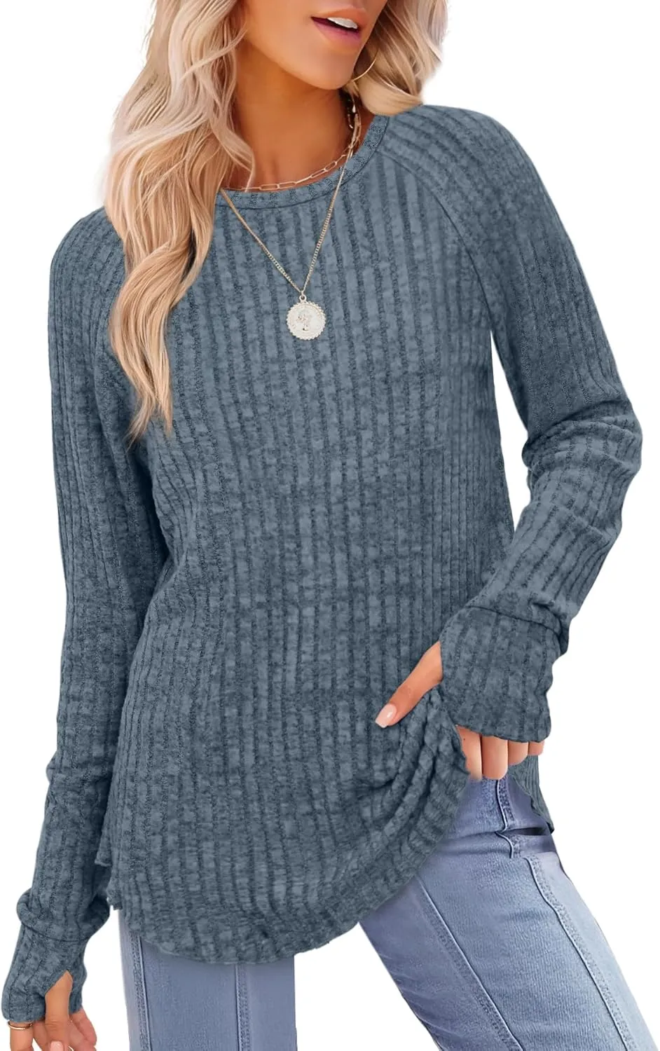 Saloogoe Women's Long Sleeve Top Crewneck Basic Lightweight Fall Shirt with Thumb Hole