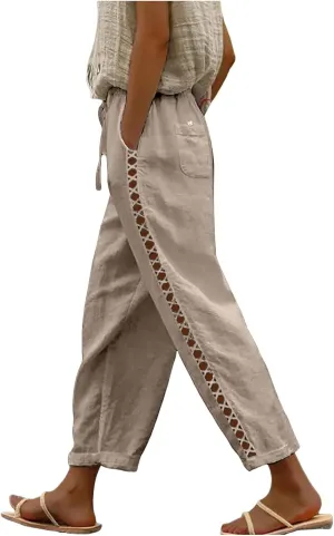 sdbrld Womens Capri Pants Linen Cropped Cotton Trousers Summer Wide Leg Hollowed High Waisted Palazzo Pants with Pockets