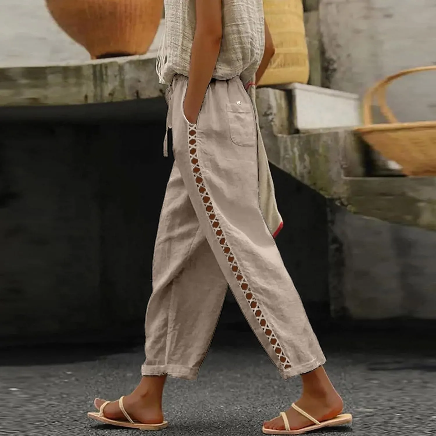sdbrld Womens Capri Pants Linen Cropped Cotton Trousers Summer Wide Leg Hollowed High Waisted Palazzo Pants with Pockets