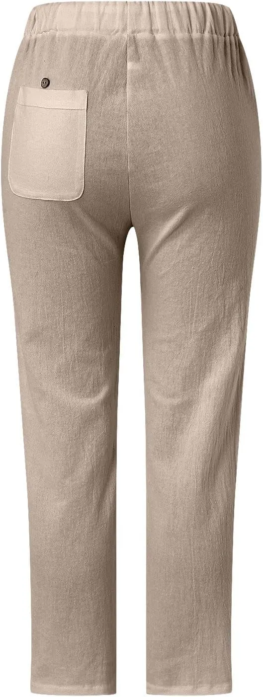 sdbrld Womens Capri Pants Linen Cropped Cotton Trousers Summer Wide Leg Hollowed High Waisted Palazzo Pants with Pockets
