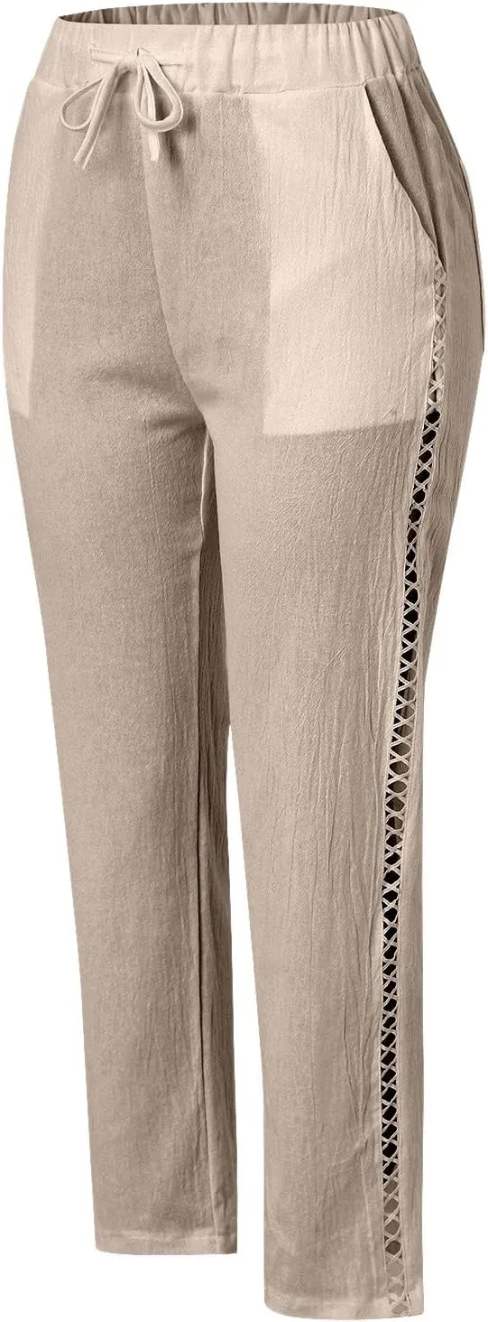 sdbrld Womens Capri Pants Linen Cropped Cotton Trousers Summer Wide Leg Hollowed High Waisted Palazzo Pants with Pockets