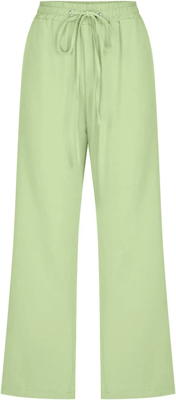 sdbrld Womens Linen Pants High Waisted Summer Capri Pants Elastic Waist Solid Pants Comfy Straight Leg Trousers with Pockets
