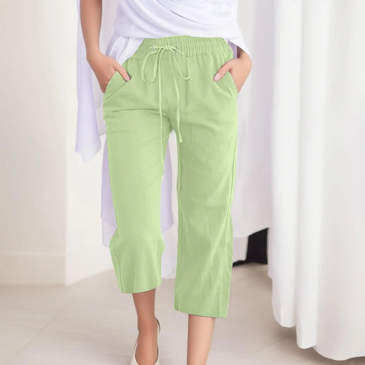 sdbrld Womens Linen Pants High Waisted Summer Capri Pants Elastic Waist Solid Pants Comfy Straight Leg Trousers with Pockets