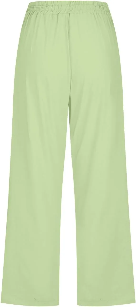 sdbrld Womens Linen Pants High Waisted Summer Capri Pants Elastic Waist Solid Pants Comfy Straight Leg Trousers with Pockets