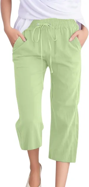 sdbrld Womens Linen Pants High Waisted Summer Capri Pants Elastic Waist Solid Pants Comfy Straight Leg Trousers with Pockets