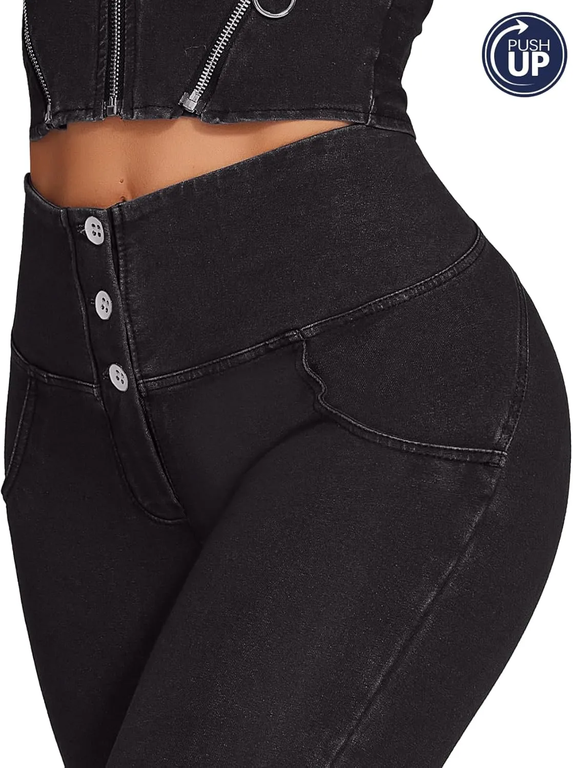 SEASUM Womens High Waist Butt Lifting Stretch Jeans 3 Button Push Up Curvy High Rise Leggings