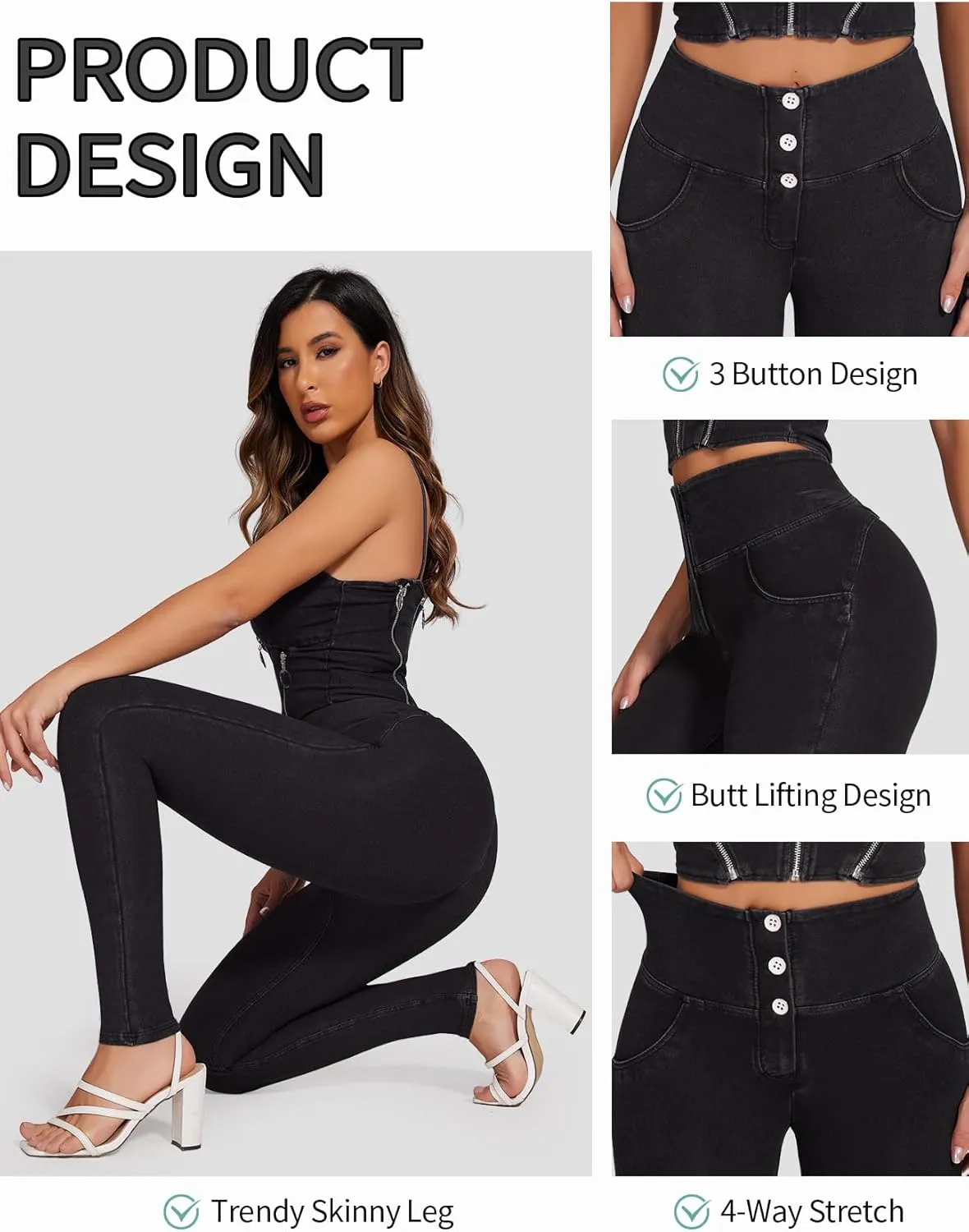 SEASUM Womens High Waist Butt Lifting Stretch Jeans 3 Button Push Up Curvy High Rise Leggings