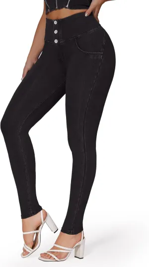 SEASUM Womens High Waist Butt Lifting Stretch Jeans 3 Button Push Up Curvy High Rise Leggings