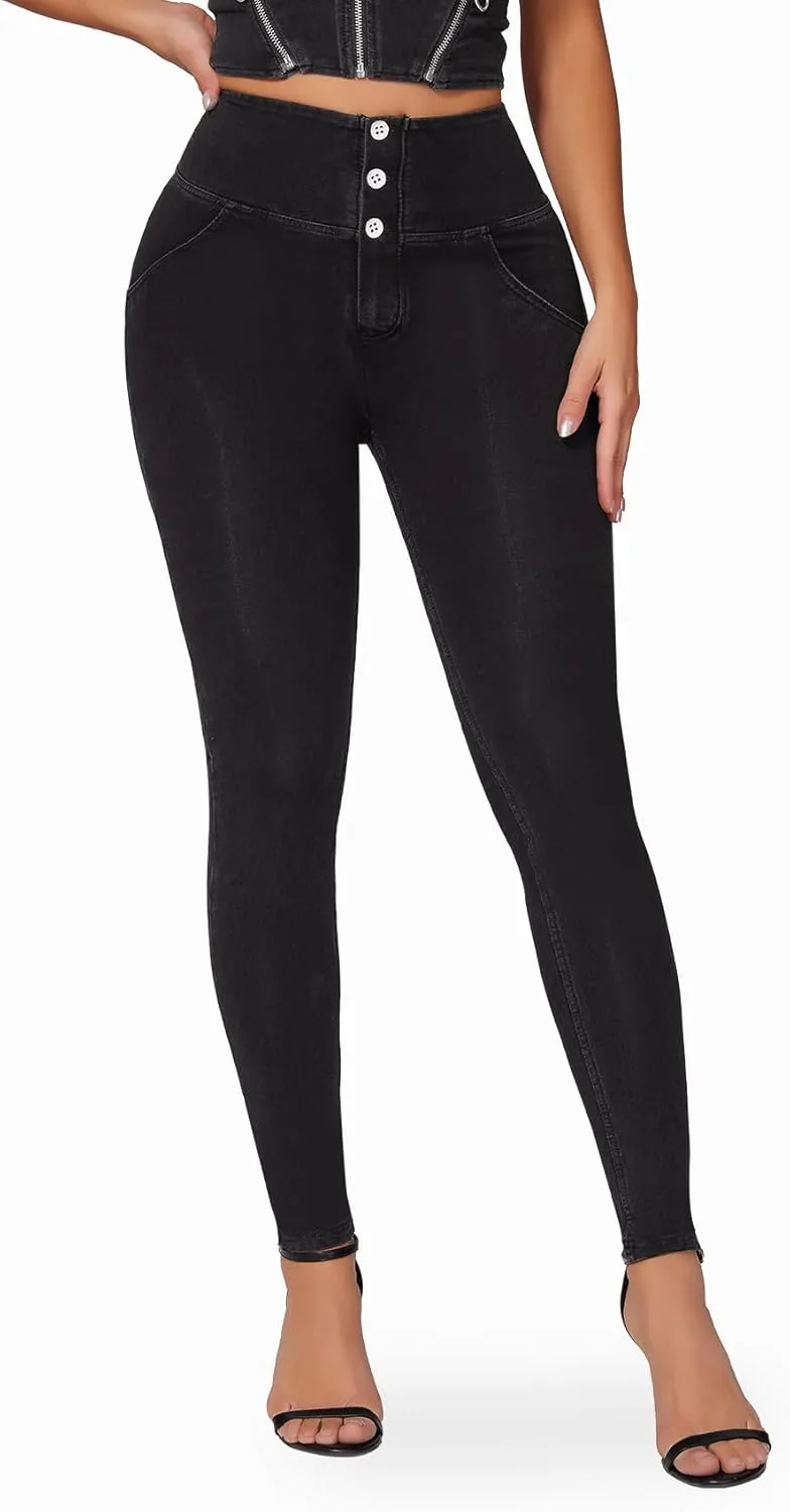 SEASUM Womens High Waist Butt Lifting Stretch Jeans 3 Button Push Up Curvy High Rise Leggings