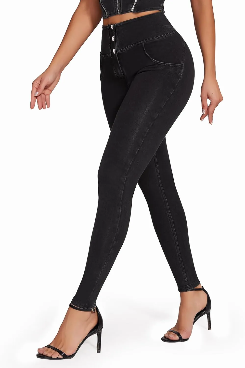 SEASUM Womens High Waist Butt Lifting Stretch Jeans 3 Button Push Up Curvy High Rise Leggings