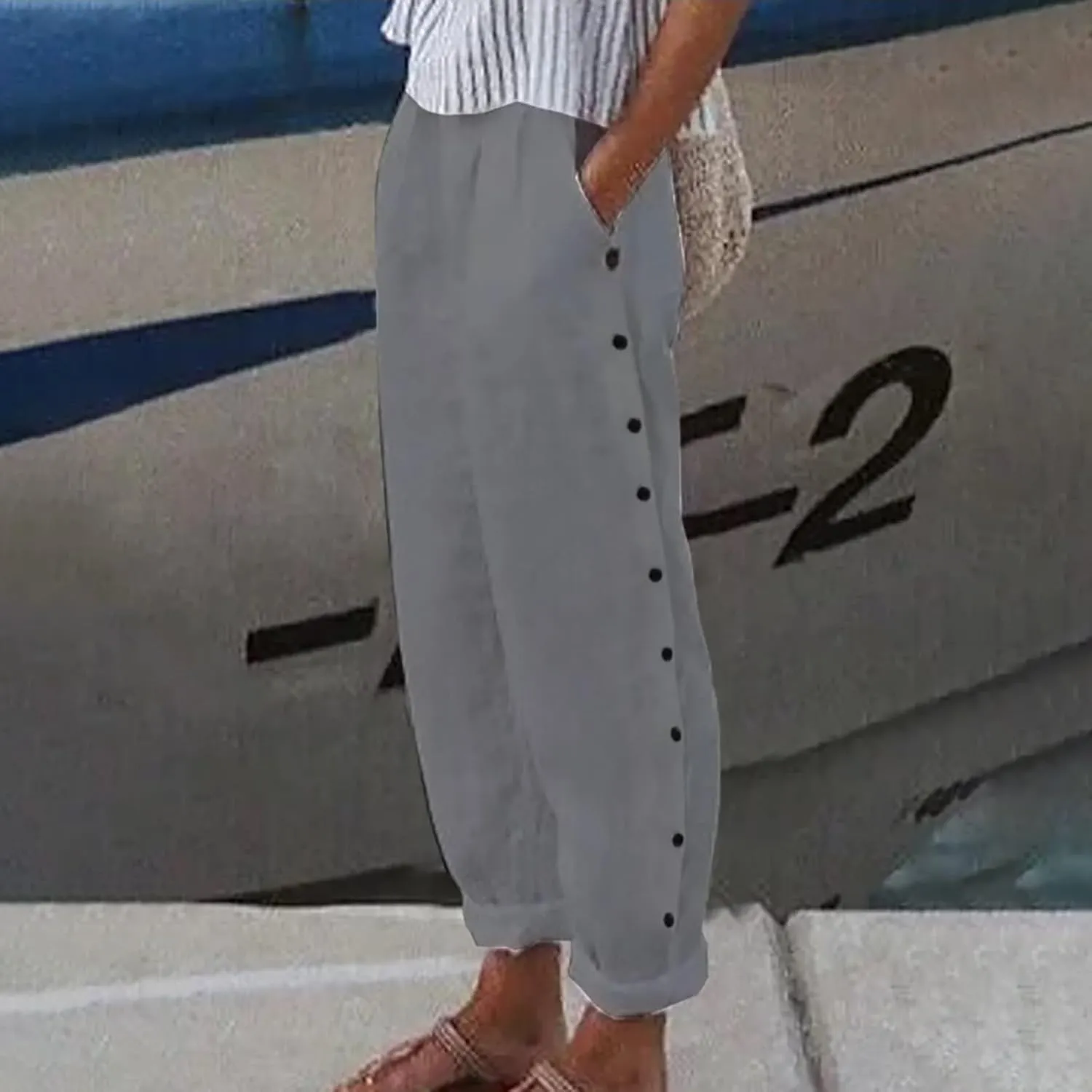 Side Button Pants Womens Striped Straight Leg Casual Pants Elastic Waist Baggy Trendy Trousers with Pockets