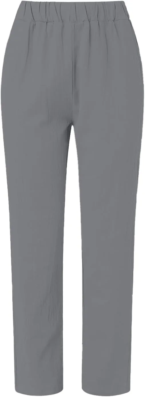 Side Button Pants Womens Striped Straight Leg Casual Pants Elastic Waist Baggy Trendy Trousers with Pockets