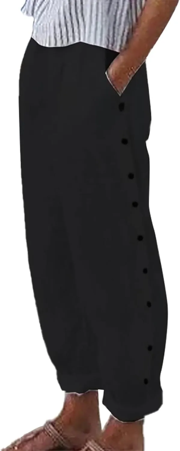 Side Button Pants Womens Striped Straight Leg Casual Pants Elastic Waist Baggy Trendy Trousers with Pockets