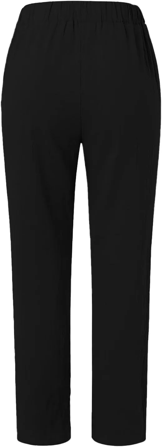 Side Button Pants Womens Striped Straight Leg Casual Pants Elastic Waist Baggy Trendy Trousers with Pockets