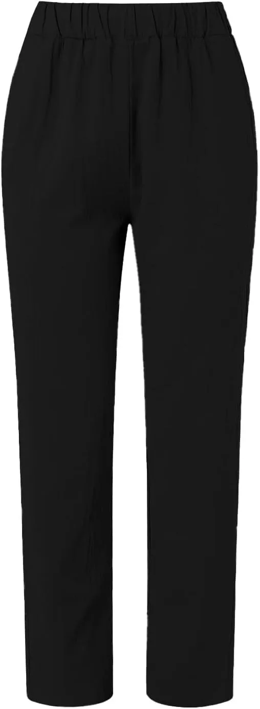 Side Button Pants Womens Striped Straight Leg Casual Pants Elastic Waist Baggy Trendy Trousers with Pockets
