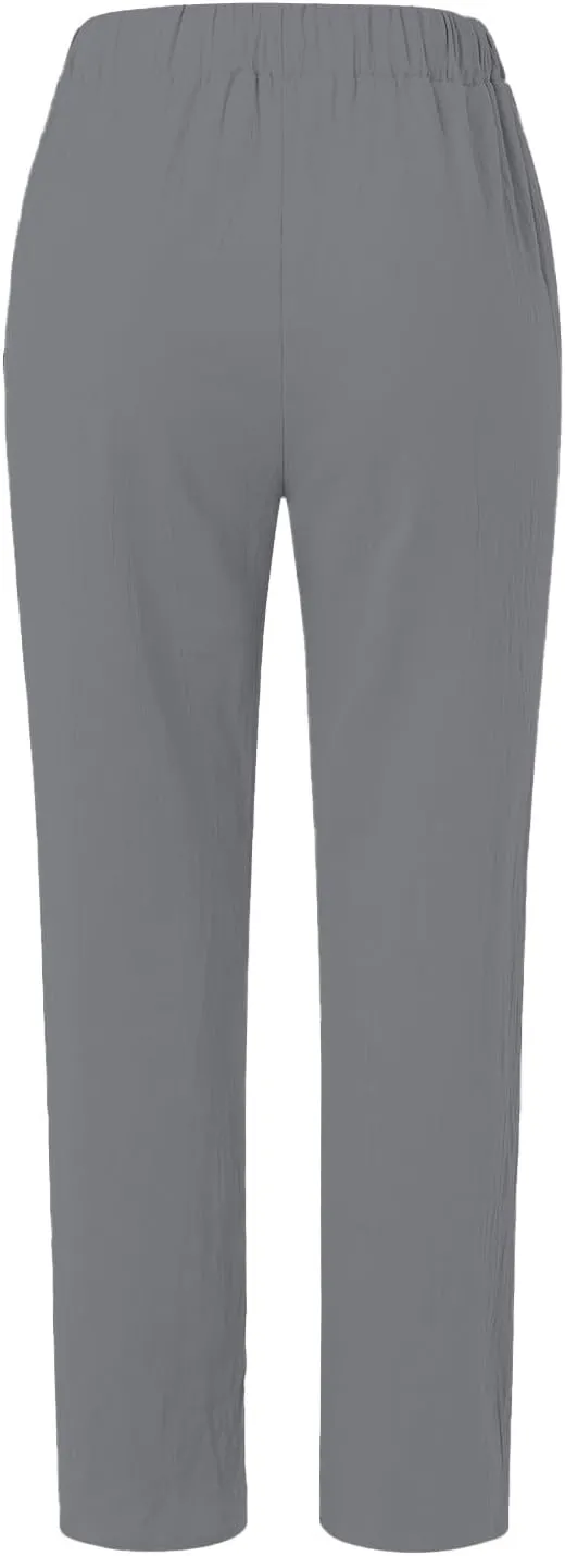 Side Button Pants Womens Striped Straight Leg Casual Pants Elastic Waist Baggy Trendy Trousers with Pockets