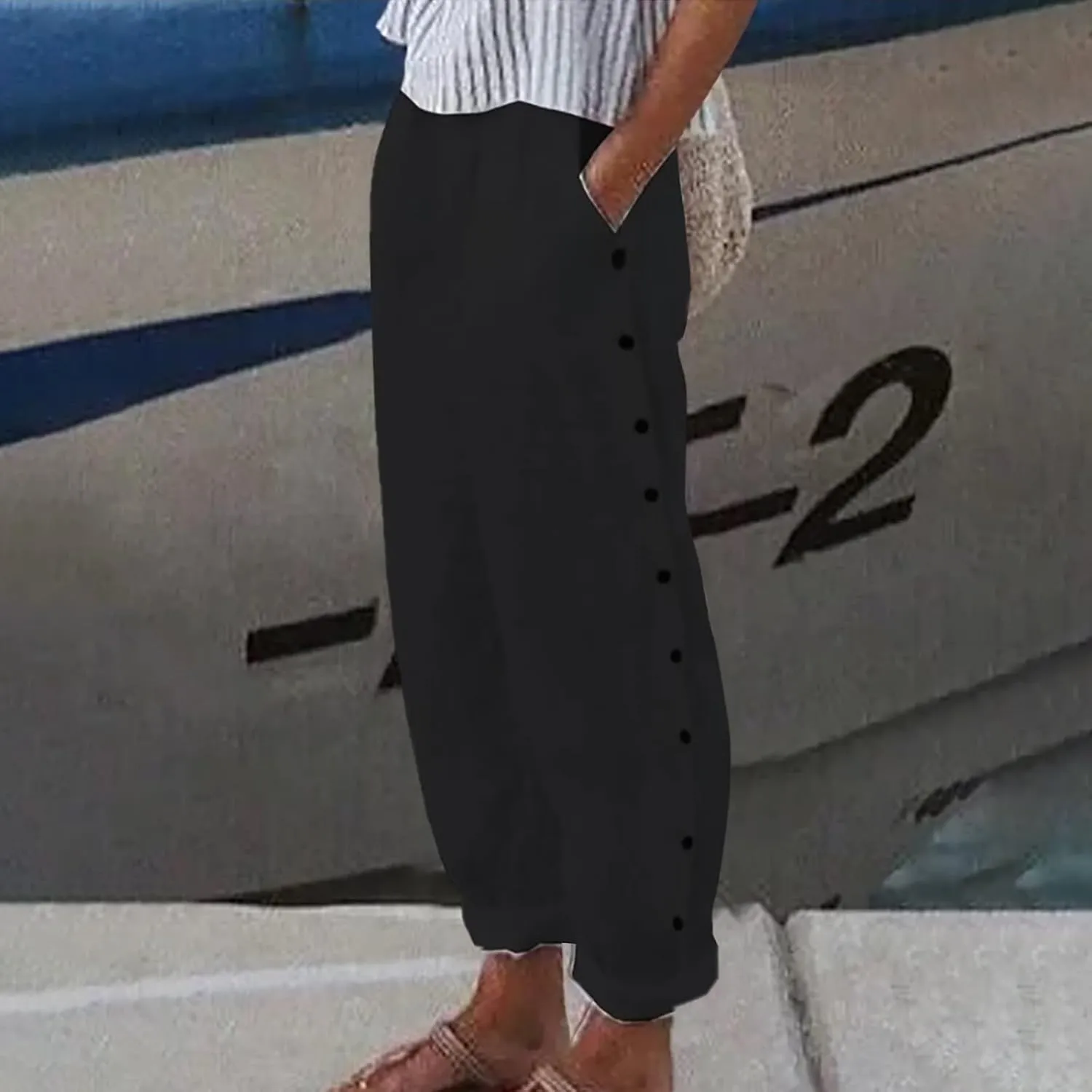 Side Button Pants Womens Striped Straight Leg Casual Pants Elastic Waist Baggy Trendy Trousers with Pockets