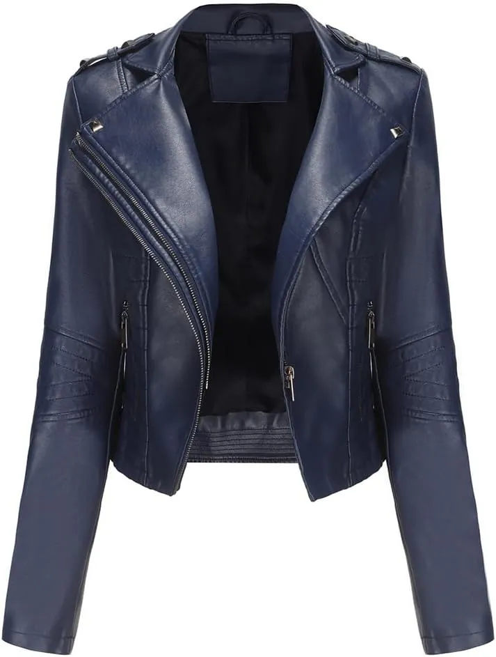 Sister Amy Women PU Leather Jacket Women Bomber Jacket Cropped Zipper Jacket Moto Coat