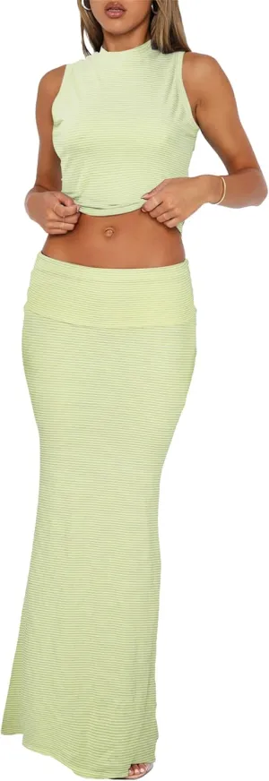 Skirt Sets Women 2 Piece Outfits - Sexy Two Pc Sleeveless Tank Crop Top Fold Over Maxi Long Skirts