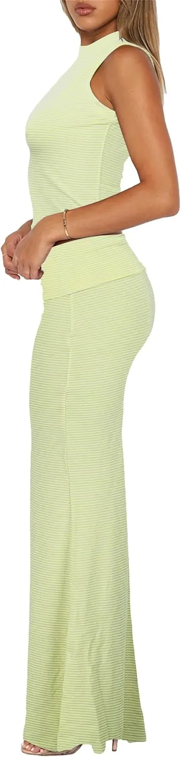 Skirt Sets Women 2 Piece Outfits - Sexy Two Pc Sleeveless Tank Crop Top Fold Over Maxi Long Skirts