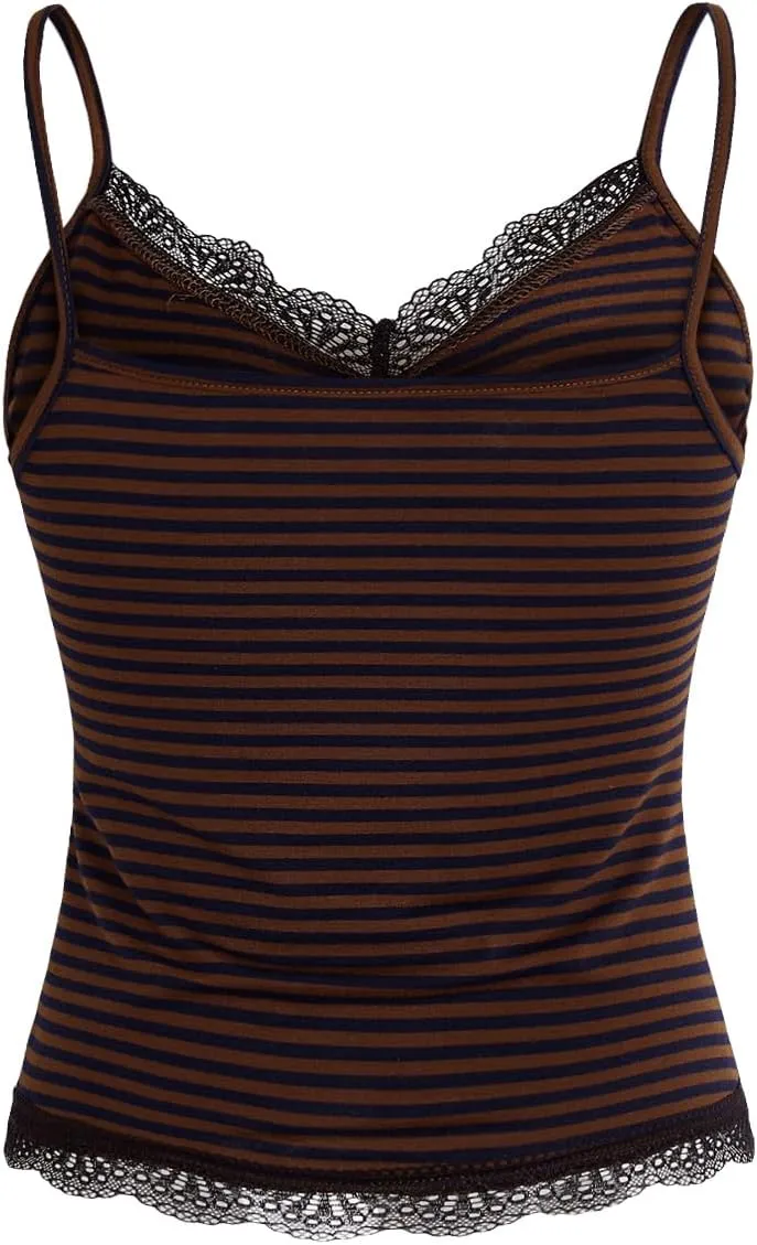 SOLY HUX Women's Striped Lace Trim Cami Top Spaghetti Strap Summer Y2K Camisole