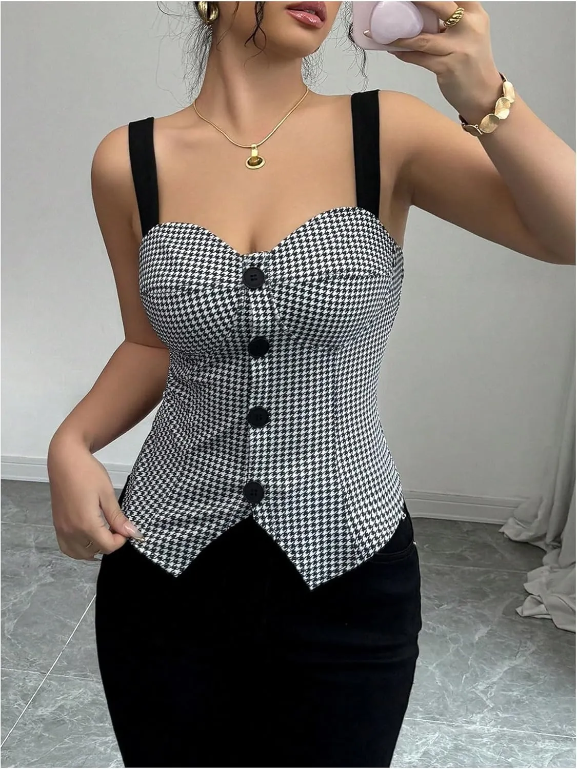 SOLY HUX Women's Vintage Tank Tops Button Down Houndstooth Vest Sleeveless Fitted Top