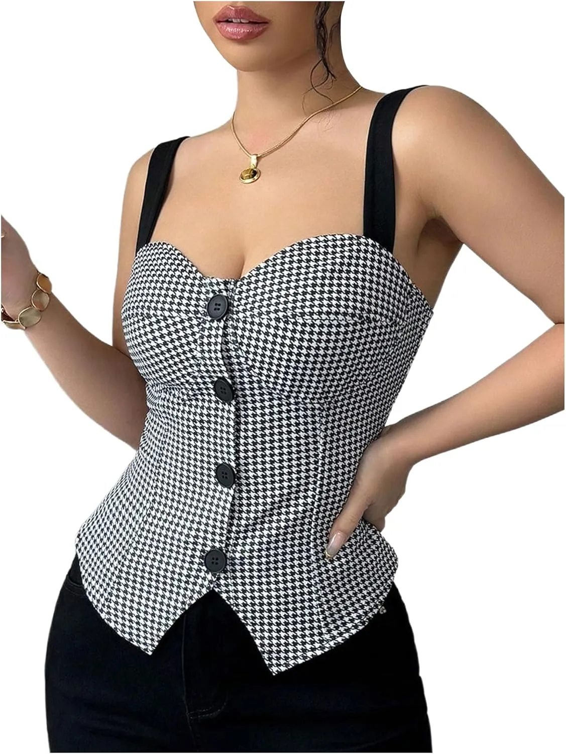 SOLY HUX Women's Vintage Tank Tops Button Down Houndstooth Vest Sleeveless Fitted Top