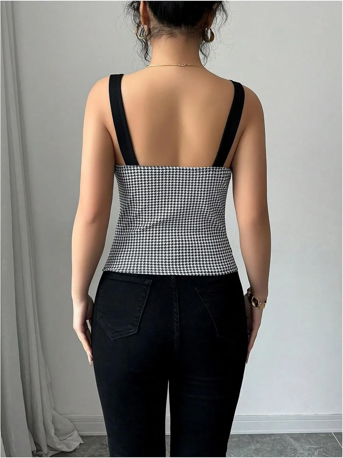 SOLY HUX Women's Vintage Tank Tops Button Down Houndstooth Vest Sleeveless Fitted Top