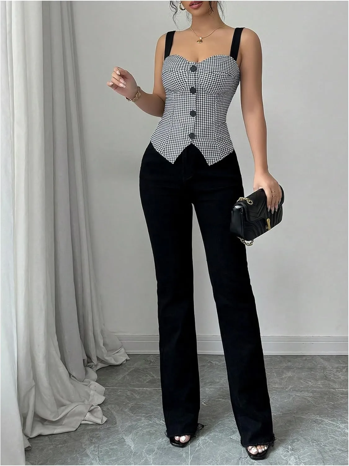 SOLY HUX Women's Vintage Tank Tops Button Down Houndstooth Vest Sleeveless Fitted Top