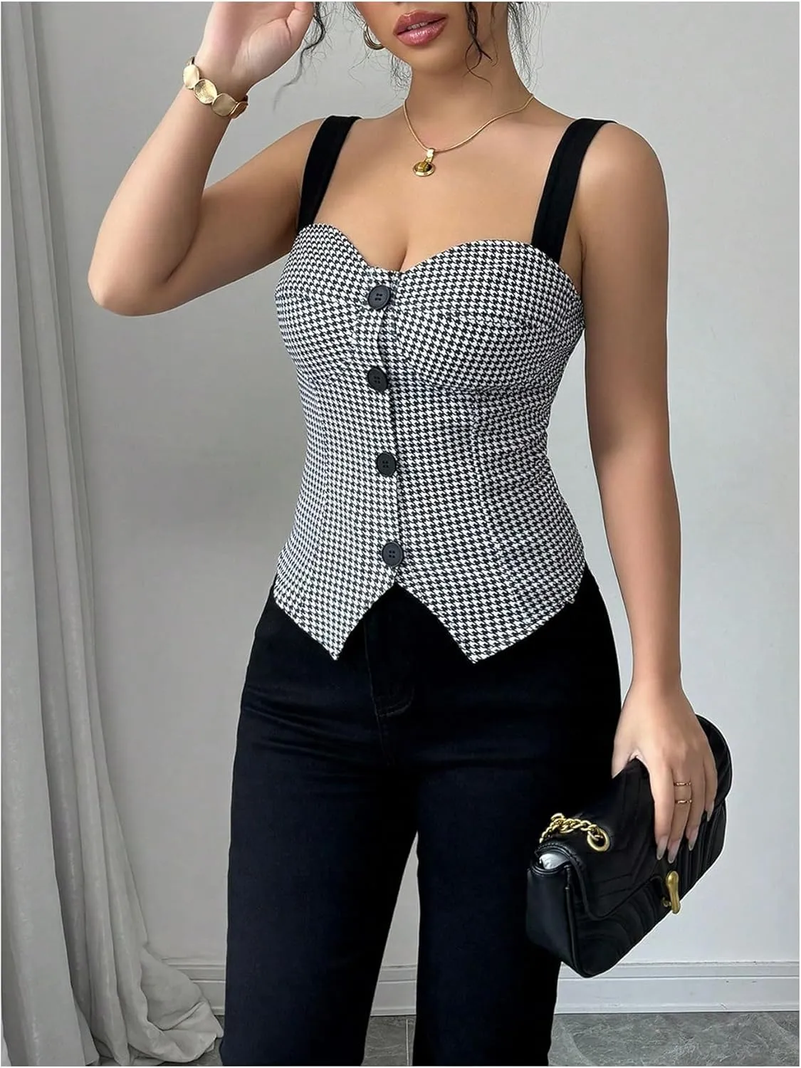 SOLY HUX Women's Vintage Tank Tops Button Down Houndstooth Vest Sleeveless Fitted Top
