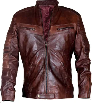 SpazeUp Vintage Motorcycle Leather Jackets for Men - Cafe Racer Biker Retro Moto Distressed Leather Jacket Men