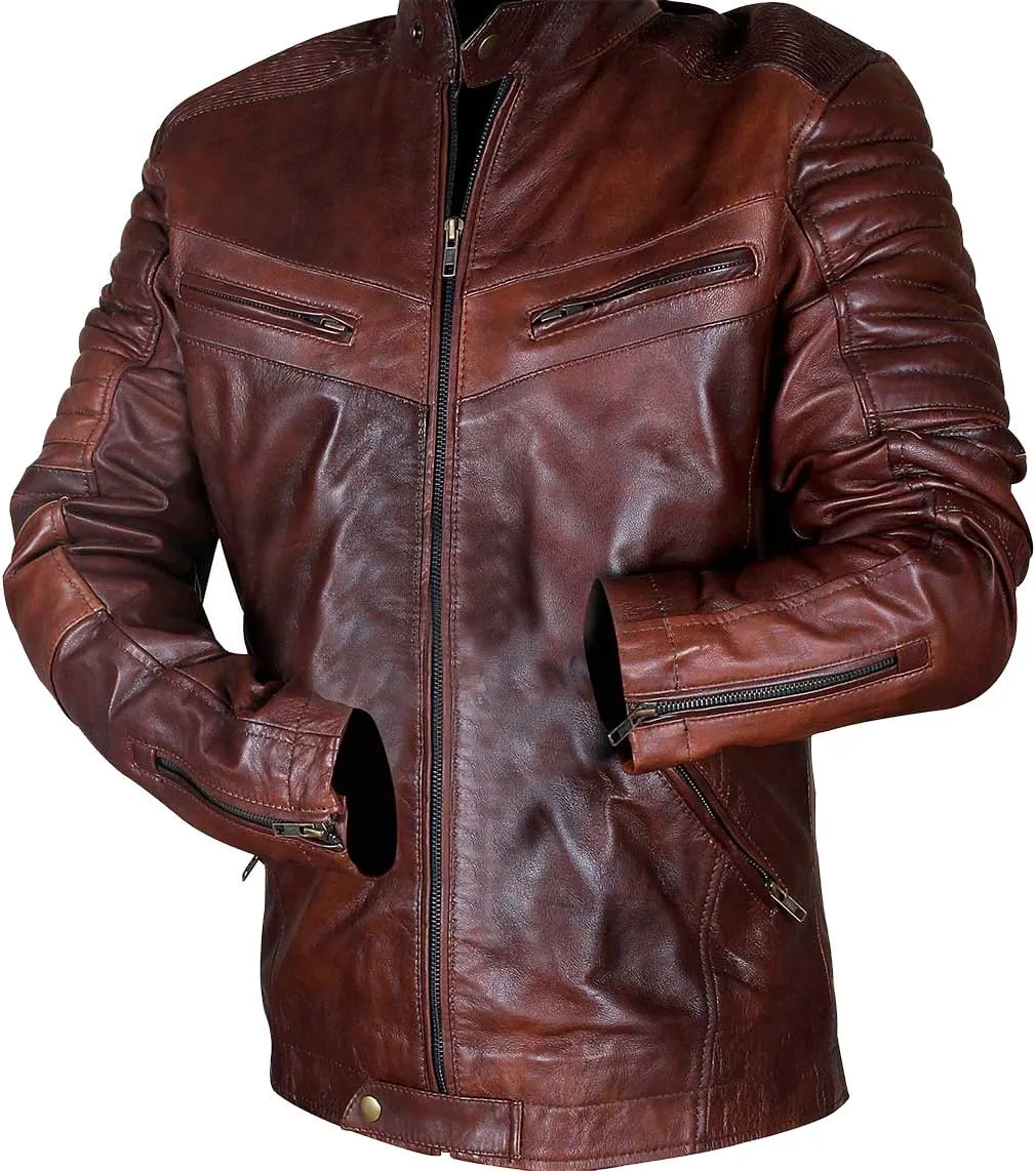 SpazeUp Vintage Motorcycle Leather Jackets for Men - Cafe Racer Biker Retro Moto Distressed Leather Jacket Men