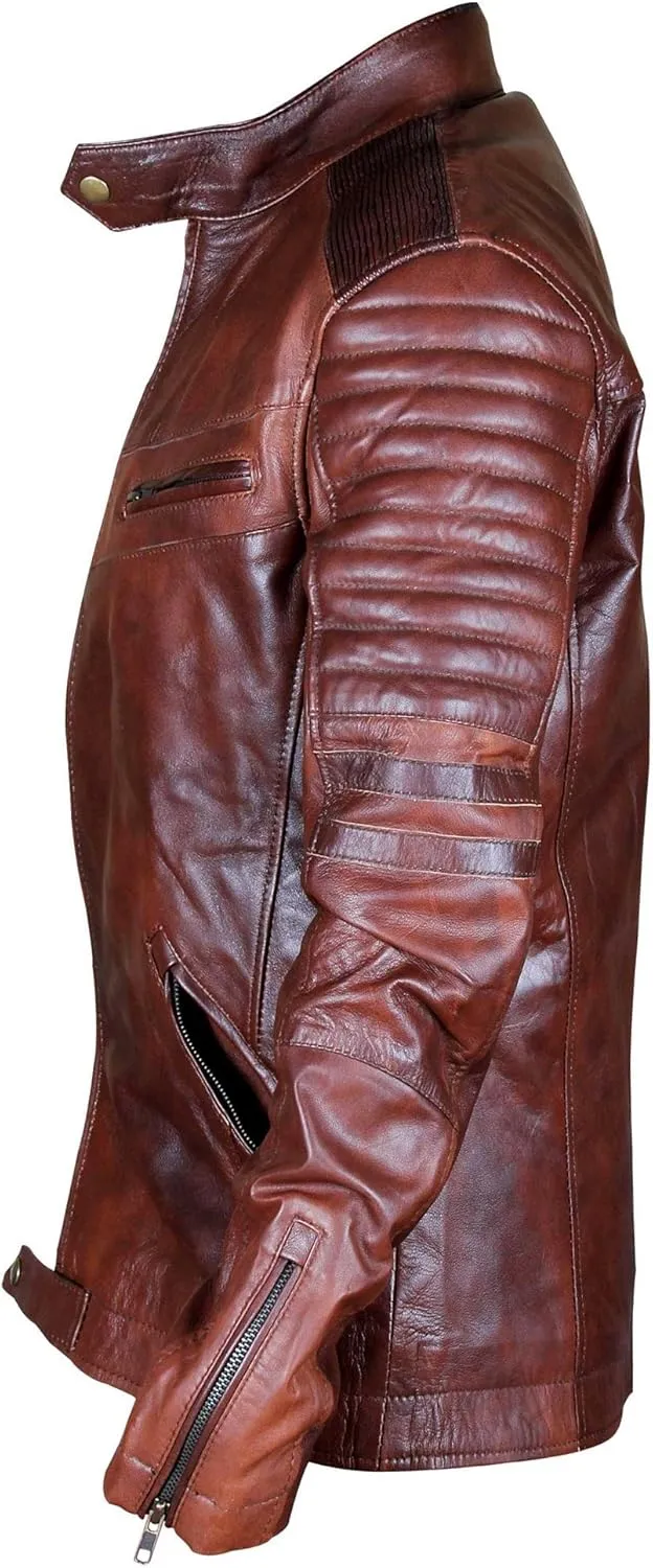 SpazeUp Vintage Motorcycle Leather Jackets for Men - Cafe Racer Biker Retro Moto Distressed Leather Jacket Men