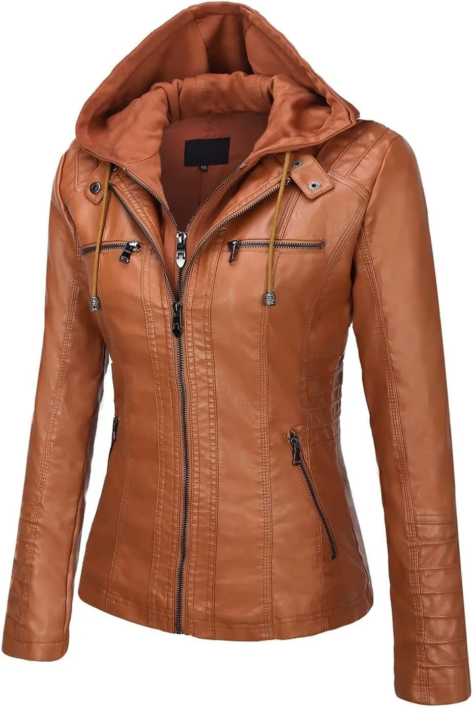 Springrain Women's Faux Leather Jacket Moto Biker Coat with Detachable Hood Motorcycle Jacket