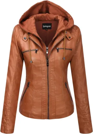 Springrain Women's Faux Leather Jacket Moto Biker Coat with Detachable Hood Motorcycle Jacket