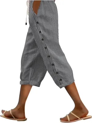 Striped Linen Pants Women 2025 Summer Casual Elastic Waist Pants Wide Leg Drawstring Trousers with Pockets
