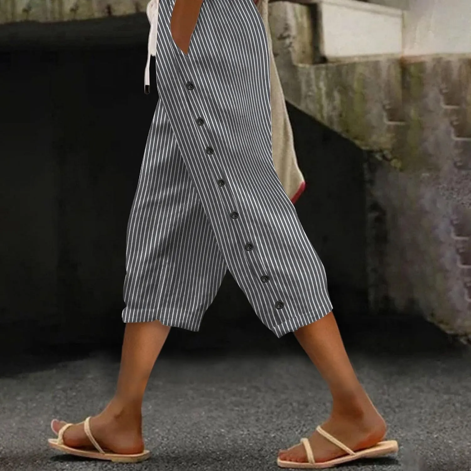 Striped Linen Pants Women 2025 Summer Casual Elastic Waist Pants Wide Leg Drawstring Trousers with Pockets