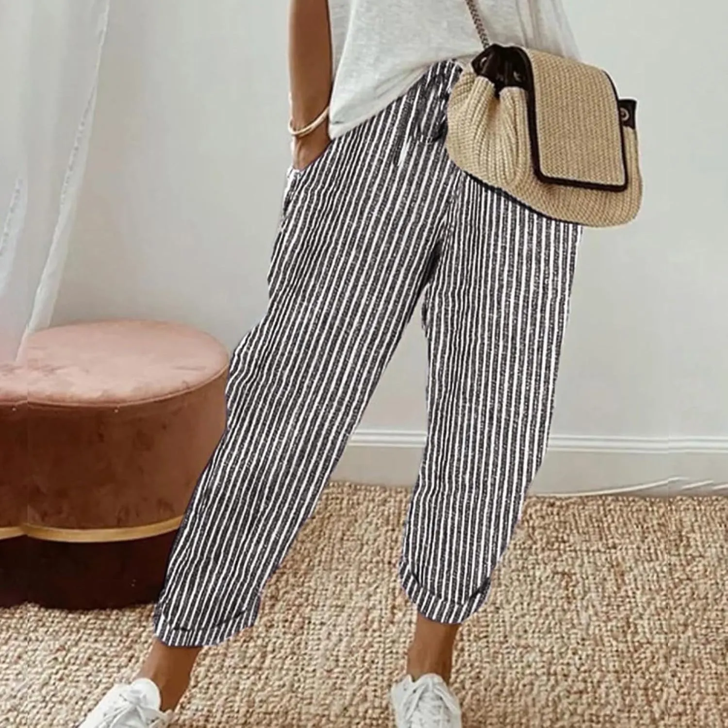 Striped Linen Pants Women Casual High Waisted Wide Leg Cropped Pants Summer Boho Gauze Capri Pant with Pockets